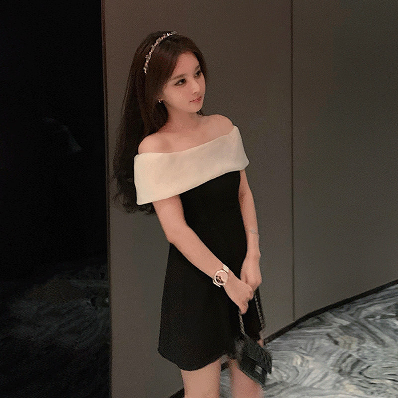 法式绝美一字肩连衣裙女赫本风小黑裙雪纺拼接宴会礼服裙日常穿搭
