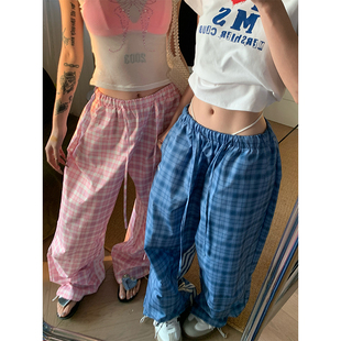 2025春季 男女宽松休闲百搭拖地长裤 新款 拼色格子阔腿裤 美式 JMJ