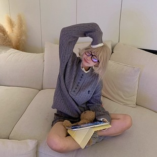 毛衣男女秋冬宽松慵懒百搭上衣 假两件麻花亨利领针织开衫 JMJ 美式