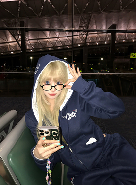 JMJ 美式设计感印花连帽加绒卫衣男女秋冬宽松潮流百搭帽衫外套