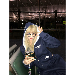 外套 设计感印花连帽加绒卫衣男女秋冬宽松潮流百搭帽衫 JMJ 美式