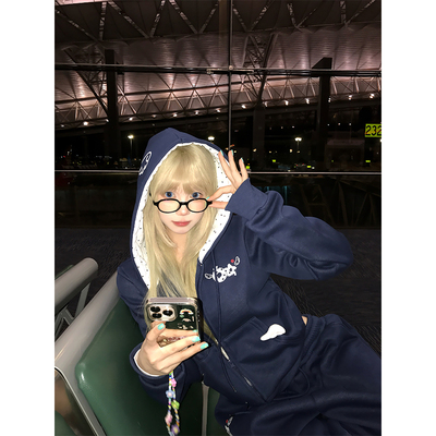 JMJ 美式设计感印花连帽加绒卫衣男女秋冬宽松潮流百搭帽衫外套