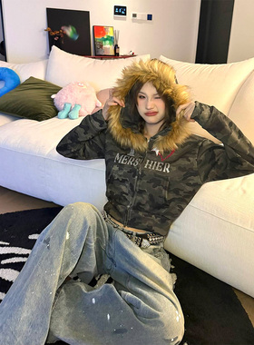 JMJ 2024秋美式迷彩毛领可拆卸连帽加绒开衫卫衣女辣妹显瘦短外套