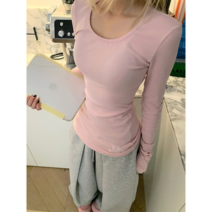 JMJ 美式简约基础款U领长袖T恤女辣妹修身显瘦百搭运动打底上衣