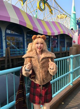 JMJ 美式设计感毛茸立领短款棉衣女秋冬休闲百搭潮流时髦保暖外套