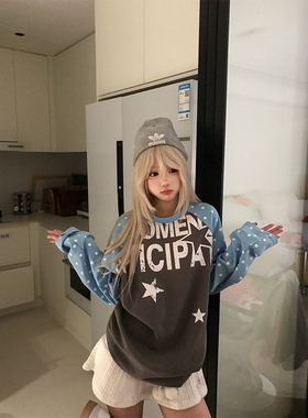 JMJ美式复古插肩袖波点字母印花长袖T恤男女宽松休闲百搭圆领上衣