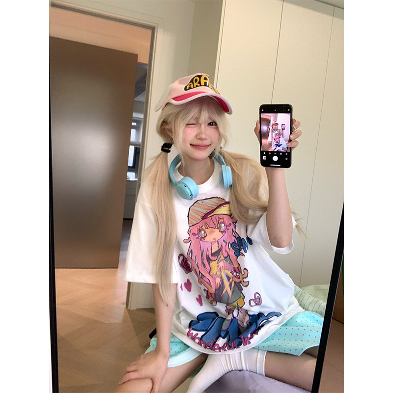 JMJ自制美式复古漫画少女圆领短袖T恤男女夏季宽松休闲百搭上衣