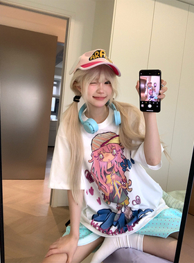 JMJ自制美式复古漫画少女圆领短袖T恤男女夏季宽松休闲百搭上衣