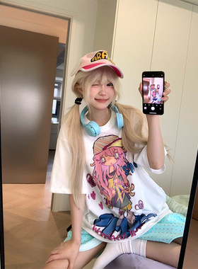 JMJ自制美式复古漫画少女圆领短袖T恤男女夏季宽松休闲百搭上衣