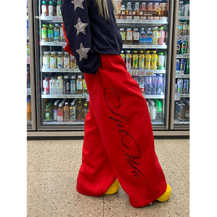 男女宽松休闲直筒长裤 字母烫钻抽绳松紧腰阔腿加绒卫裤 美式 JMJ