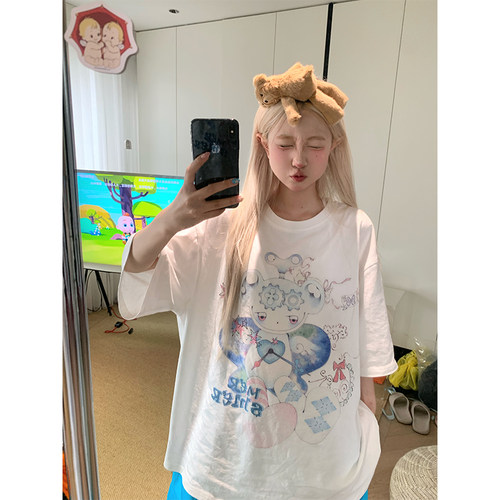 JMJ美式卡通创意印花圆领短袖T恤男女夏季宽松休闲百搭上衣