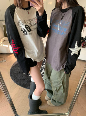 JMJ 2025春季美式字母印花拼色长袖T恤男女基础宽松休闲打底衫