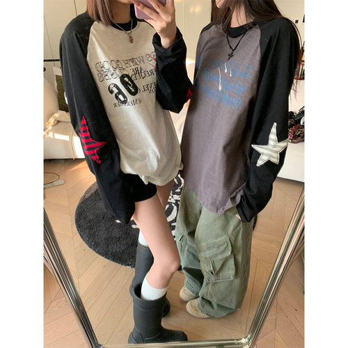 JMJ 2026春夏季美式字母印花拼色长袖T恤男女基础宽松休闲打底衫