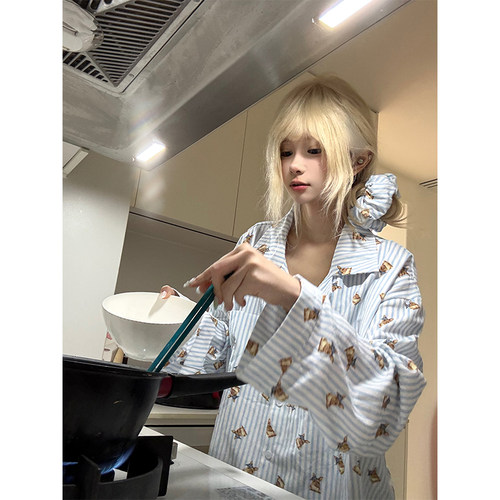 JMJ 美式慵懒风兔子满印条纹睡衣两件套男女宽松休闲家居服套装