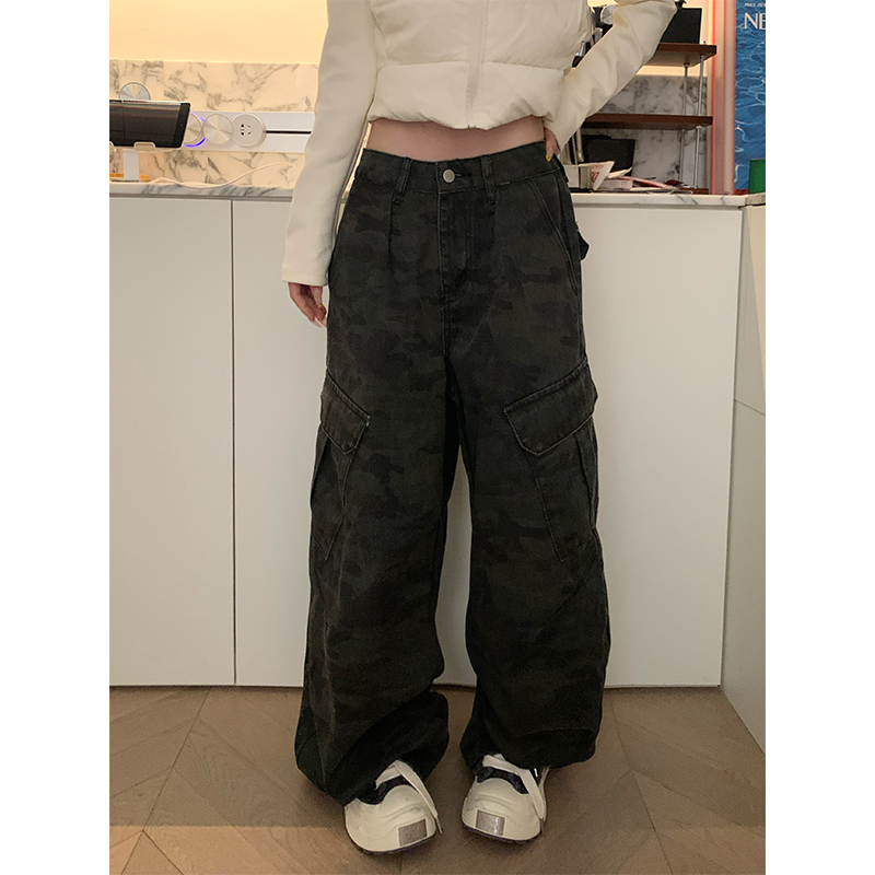 JMJ 美式复古高街多口袋迷彩工装裤男女宽松百搭潮流阔腿拖地长裤