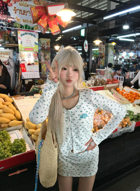 JMJ 美式复古慵懒风碎花满印吊带背心外套女纯欲显瘦包臀裙三件套