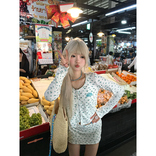 JMJ 美式复古慵懒风碎花满印吊带背心外套女纯欲显瘦包臀裙三件套