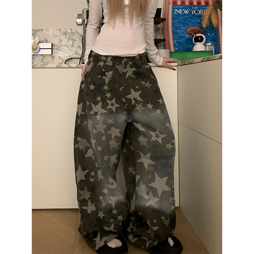 JMJ 美式水洗星星满印渐变迷彩工装裤男女宽松休闲百搭阔腿长裤