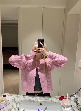 JMJ 美式复古麻花针织毛衣开衫男女春秋百搭宽松休闲显瘦圆领外套