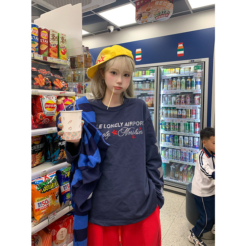 JMJ美式复古星星字母烫钻长袖T恤男女宽松休闲百搭设计感圆领上衣,男装,T恤,淘宝优惠券,粉丝福利购,淘宝优惠卷