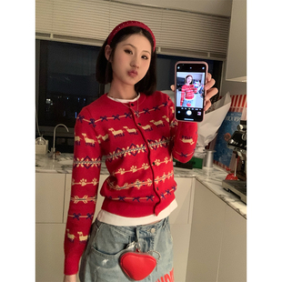 复古费尔岛小狗针织开衫 美式 毛衣女休闲慵懒风外套 2025春季 JMJ