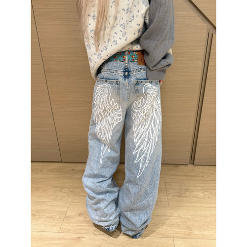 JMJ 美式翅膀印花水洗直筒牛仔裤男女宽松休闲百搭设计感阔腿长裤