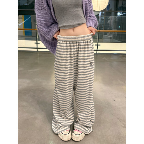JMJ 美式复古条纹松紧腰休闲裤男女宽松显瘦百搭直筒慵懒长裤