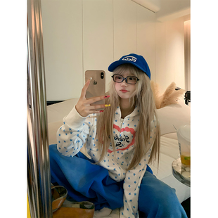 卫衣男女宽松休闲百搭外套 复古爱心字母星星满印连帽开衫 JMJ 美式