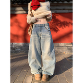 JMJ 男女宽松休闲百搭直筒阔腿长裤 美式 复古水洗猫须刺绣牛仔裤