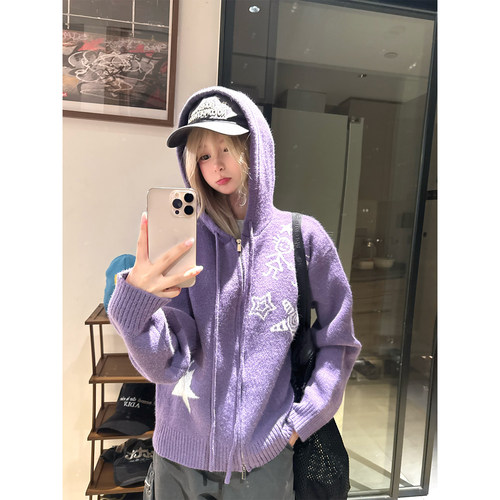 JMJ 美式星星趣味提花连帽开衫针织毛衣男女秋冬宽松休闲百搭外套