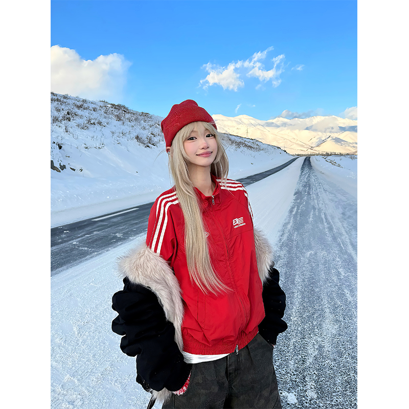 JMJ 美式复古三条杠字母刺绣立领冲锋夹克外套男女宽松休闲开衫