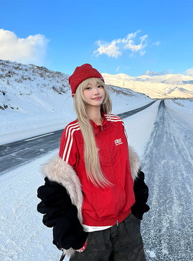 JMJ 美式复古三条杠字母刺绣立领冲锋夹克外套男女宽松休闲开衫