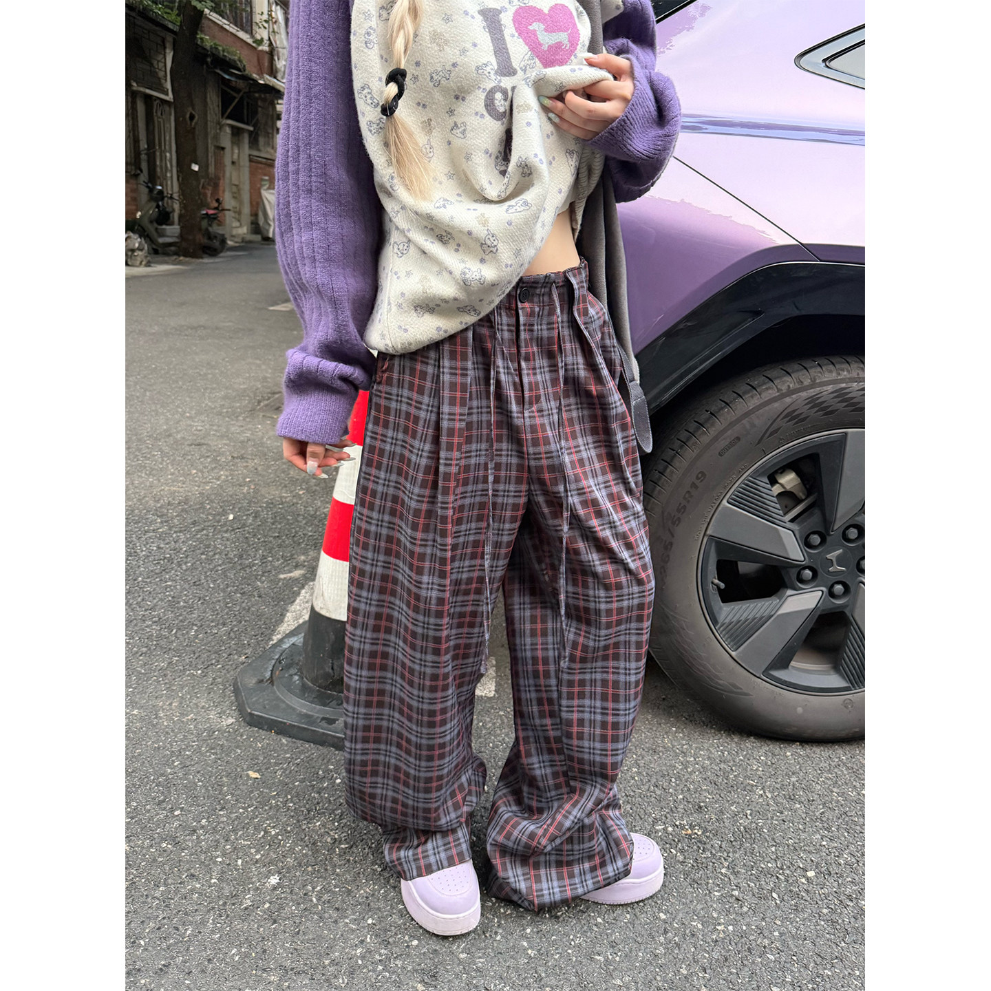 JMJ 美式复古抽绳格子直筒休闲裤男女宽松百搭显瘦设计感拖地长裤