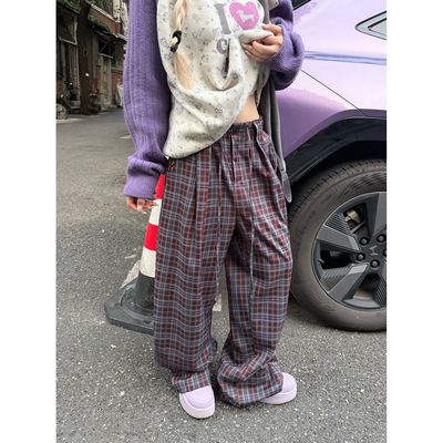 JMJ 美式复古抽绳格子直筒休闲裤男女宽松百搭显瘦设计感拖地长裤