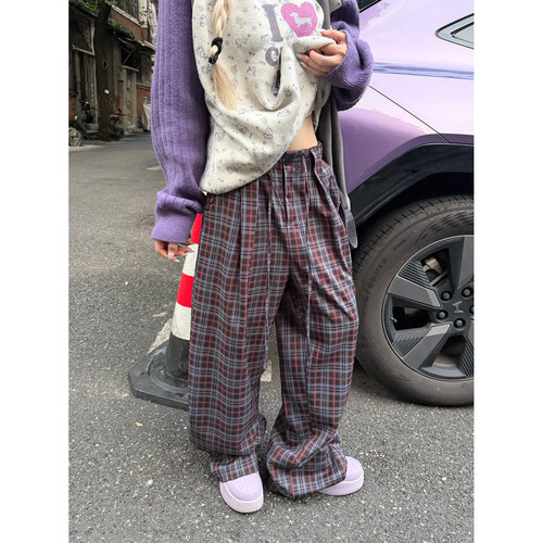 JMJ 美式复古抽绳格子直筒休闲裤男女宽松百搭显瘦设计感拖地长裤