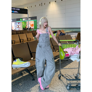 JMJ 美式复古高街工装牛仔背带裤男女宽松休闲设计感直筒阔腿长裤