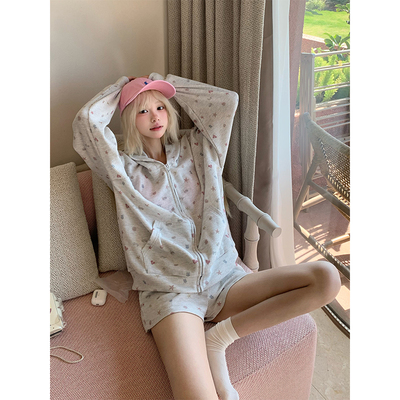 JMJ 自制美式慵懒华夫格连帽开衫卫衣套装女宽松休闲短裤两件套
