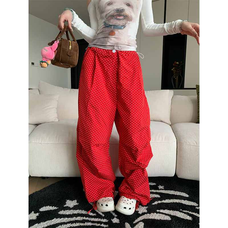 JMJ 2025美式复古红色波点满印阔腿裤男女宽松百搭休闲ins抽绳裤