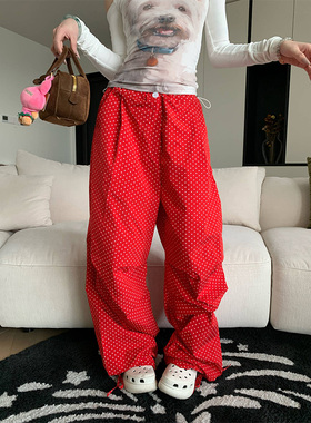 JMJ 2025美式复古红色波点满印阔腿裤男女宽松百搭休闲ins抽绳裤