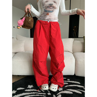 男女宽松百搭休闲ins抽绳裤 复古红色波点满印阔腿裤 2025美式 JMJ