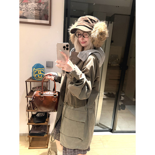 JMJ 秋冬连帽抽绳工装中长款风衣男女宽松百搭休闲大口袋大衣外套