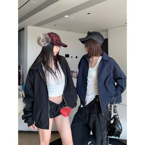 JMJ 2025春季美式复古高街飞行员翻领夹克男女宽松潮流棒球服外套
