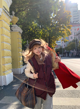 JMJ 美式设计感两面穿格纹毛绒棉衣马甲男女秋冬宽松休闲保暖外套