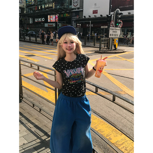 修身 JMJ T恤夏季 复古羚羊星星满印圆领短袖 显瘦百搭正肩上衣 美式