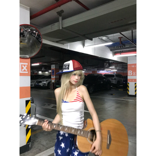 JMJ 美式复古字母印花拼接撞色吊带背心女夏季修身显瘦外穿上衣
