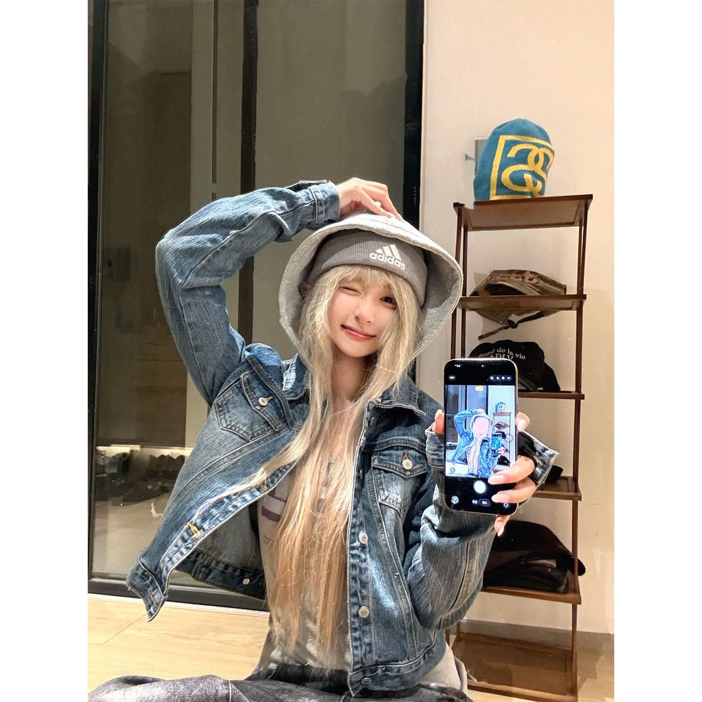 JMJ 美式复古假两件连帽牛仔夹克女春秋宽松休闲百搭时髦短外套