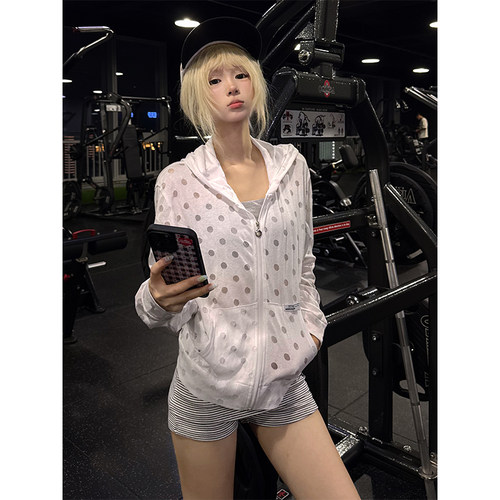 JMJ美式波点长袖连帽开衫T恤女夏季休闲百搭慵懒物理防晒薄外套