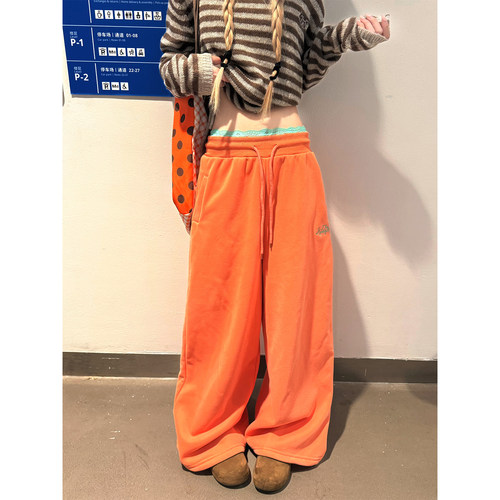 JMJ 美式蕾丝花边松紧腰抽绳加绒阔腿卫裤女宽松休闲百搭直筒长裤