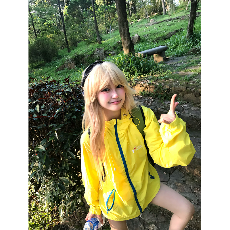 JMJ 户外运动字母刺绣连帽抽绳撞色冲锋衣防晒服男女宽松休闲外套