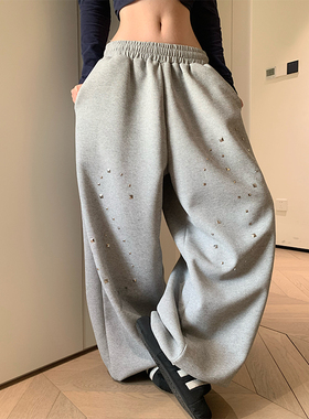 JMJ 美式复古华夫格铆钉阔腿卫裤男女宽松休闲慵懒垂感直筒长裤